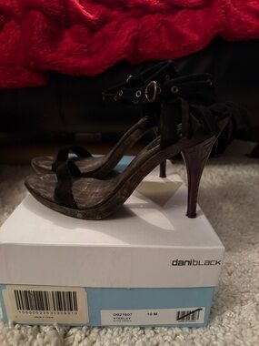 daniblack Black Fringe High Heel Sandals